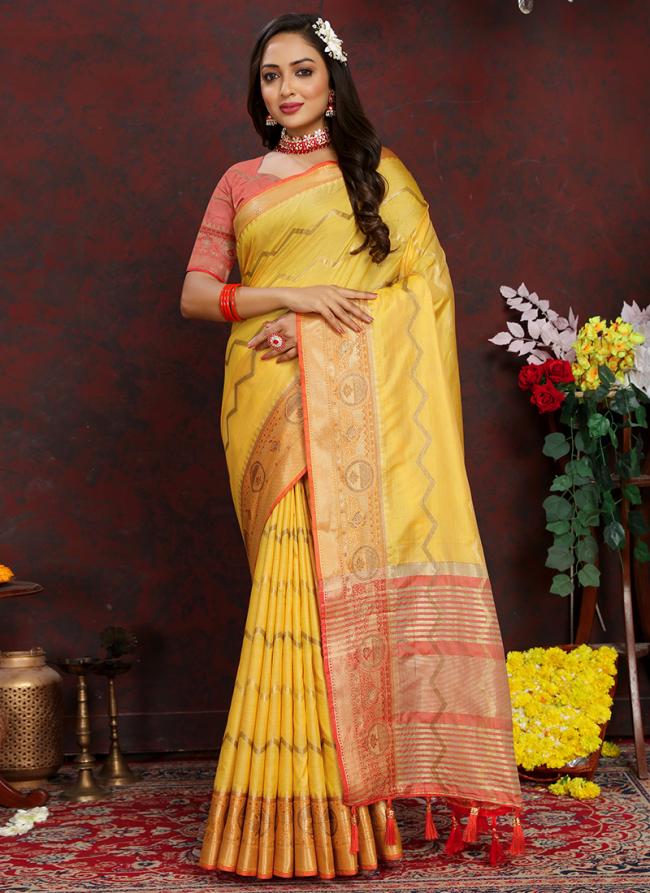 Katan Silk Yellow Daily Wear Weaving Saree